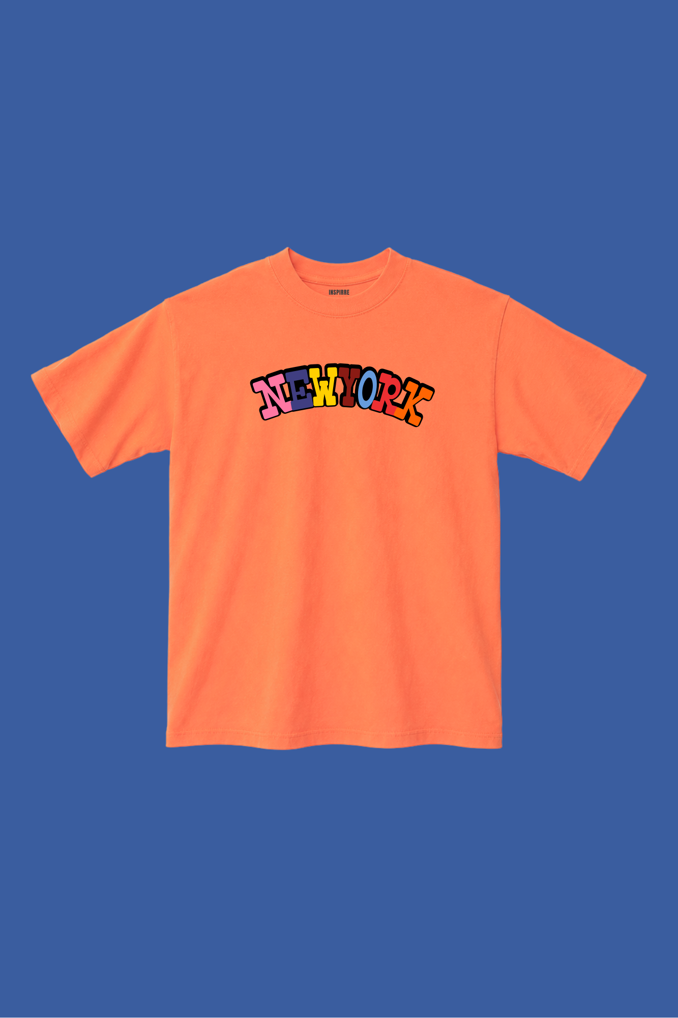 Orange new york t-shirt with colorful New York text - NYC diversity and culture adult shirt