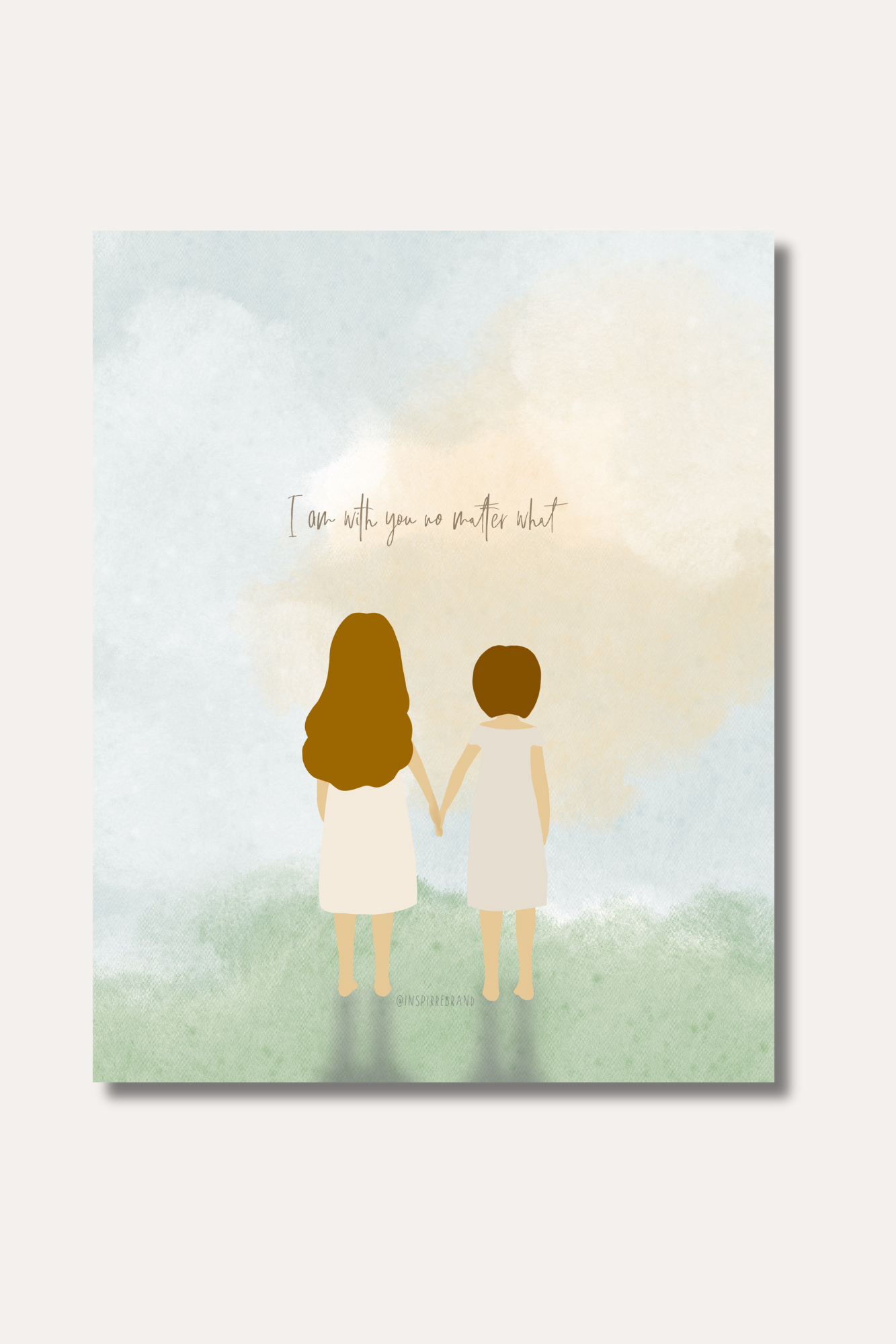 Illustration of two people holding hands with a heart-shaped cloud above them on a light blue background. I am with you no matter what art print - watercolor landscape with two figures holding hands in peaceful field