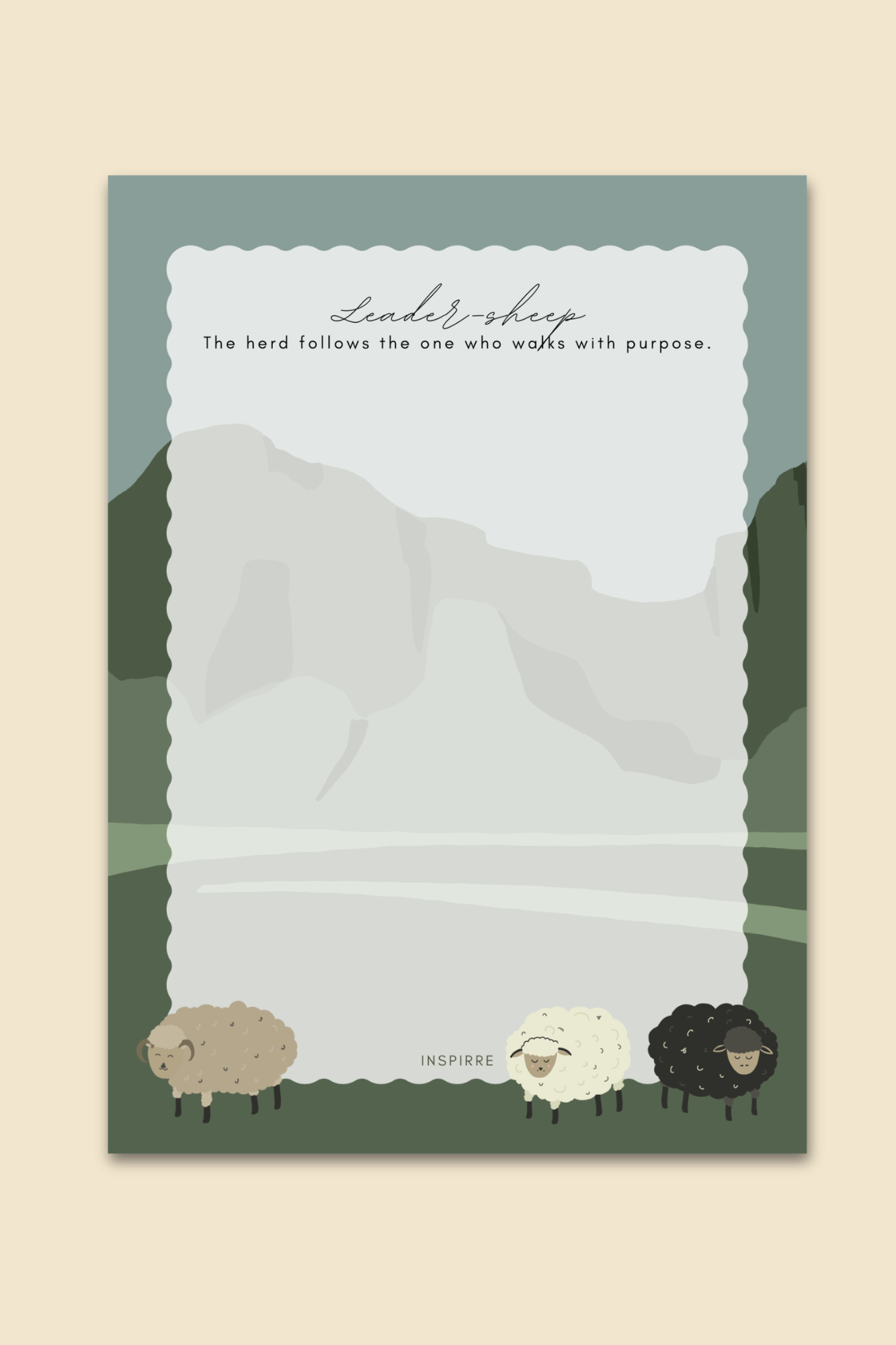 Leader-sheep notepad cover featuring illustrated sheep mountain landscape and the tagline The herd follows the one who walks with purpose by INSPIRRE