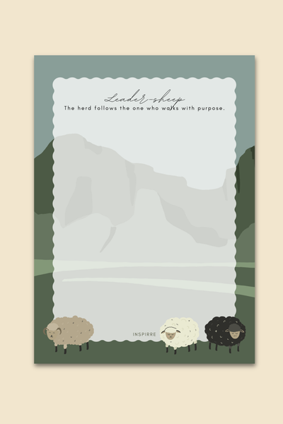 Leader-sheep notepad cover featuring illustrated sheep mountain landscape and the tagline The herd follows the one who walks with purpose by INSPIRRE