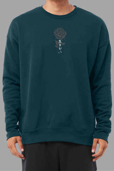 a man wearing a teal sweatshirt with gray rose graphic and japanese text IKIGAI