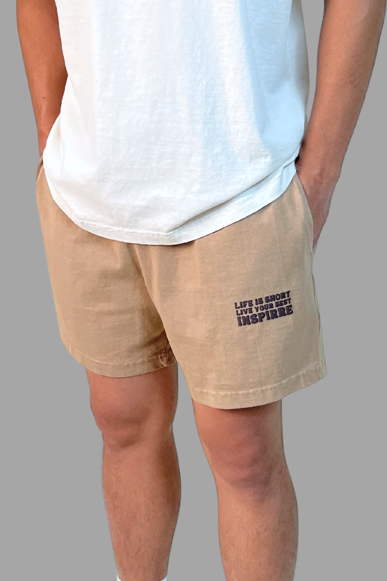 Life is Short Live Your Best khaki gym shorts with puff print message