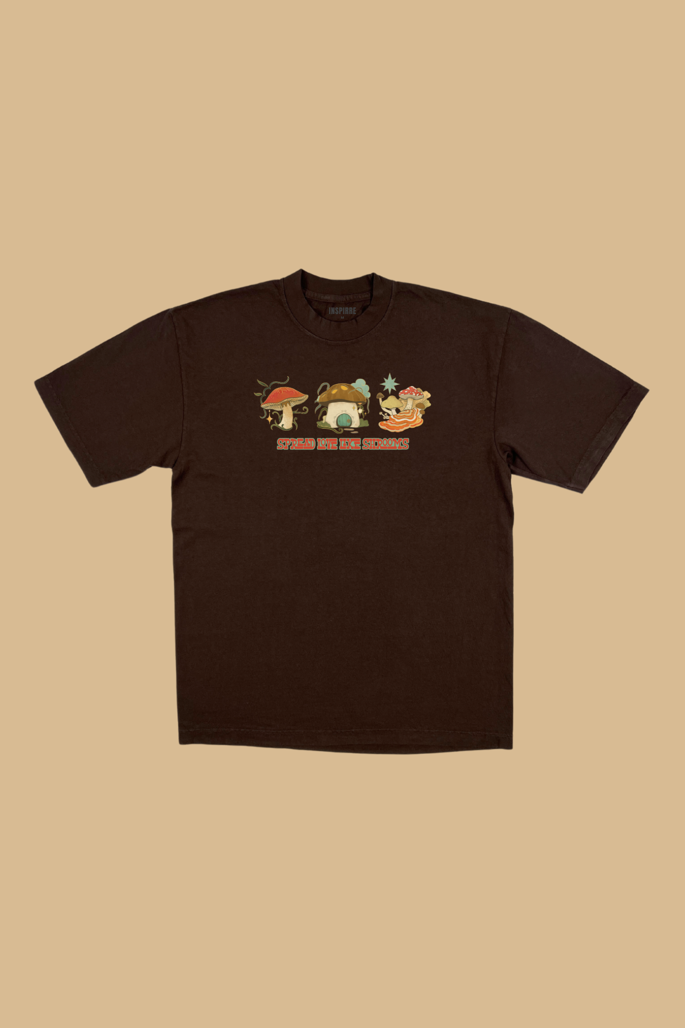 Spread Love Like Shrooms premium graphic tee in brown - mushroom and kindness adult shirt