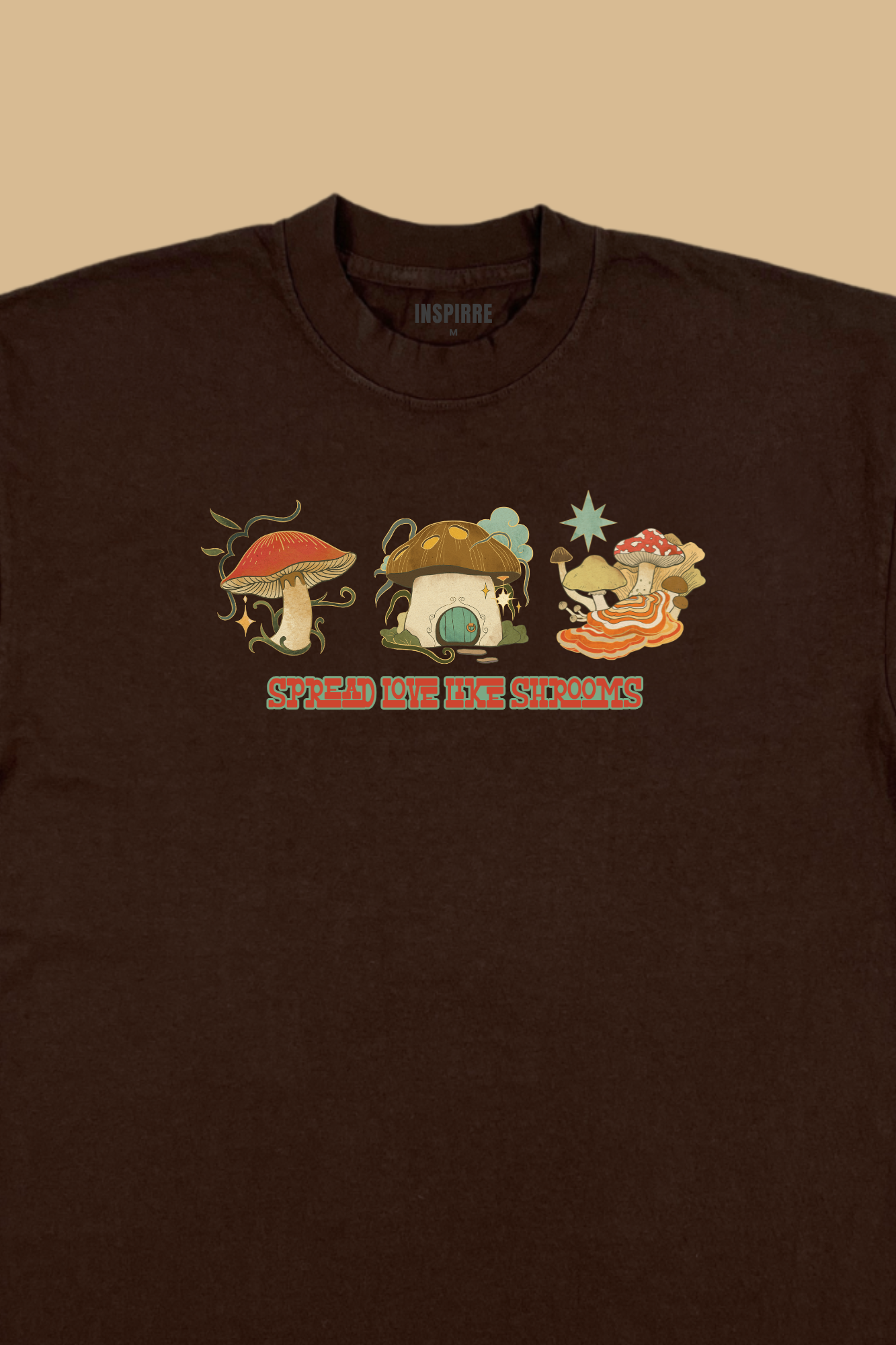Spread Love Like Shrooms premium graphic tee in chocolate brown - mushroom and kindness adult shirt
