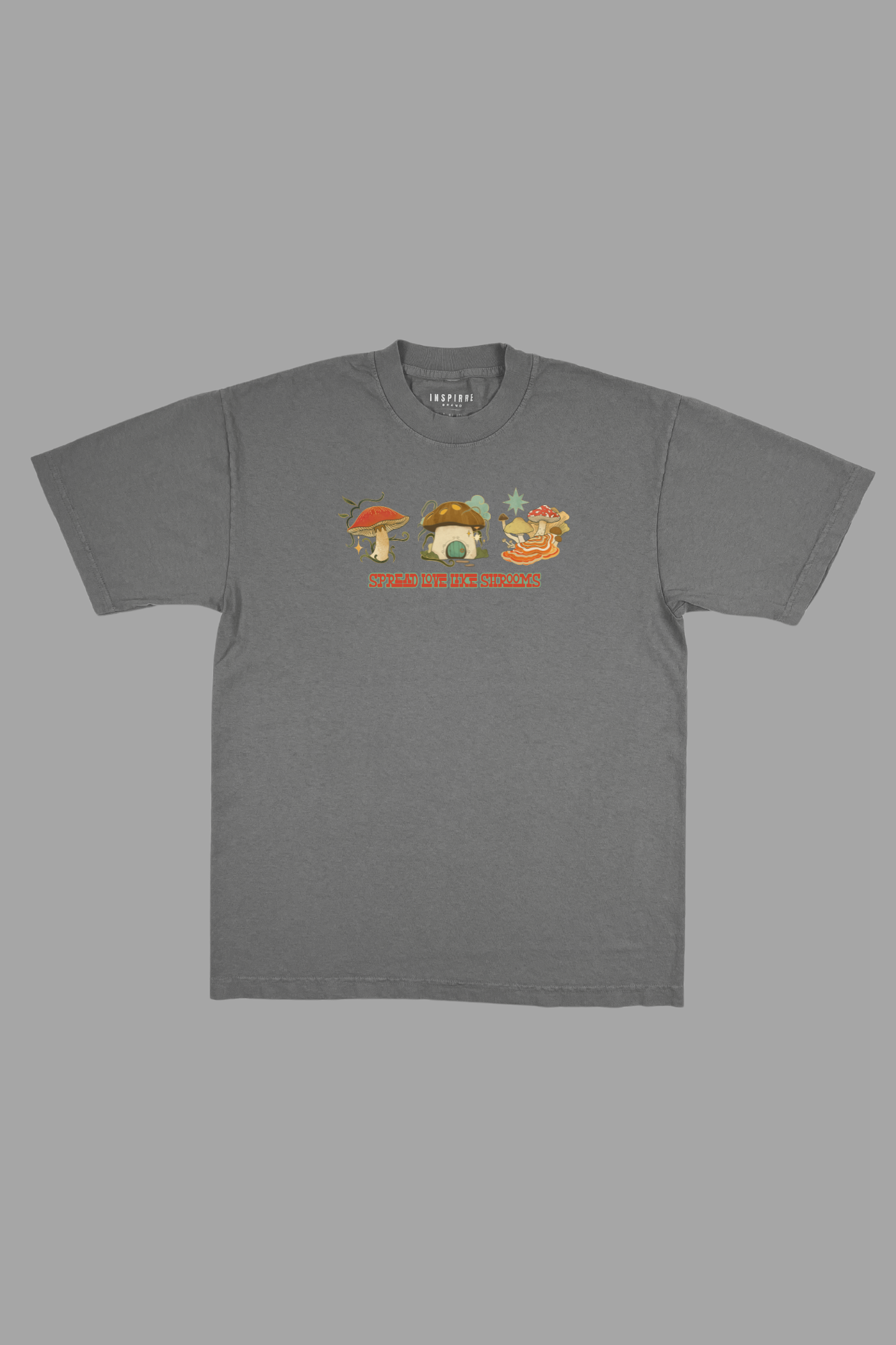 Spread Love Like Shrooms premium graphic tee in gray - mushroom and kindness adult shirt
