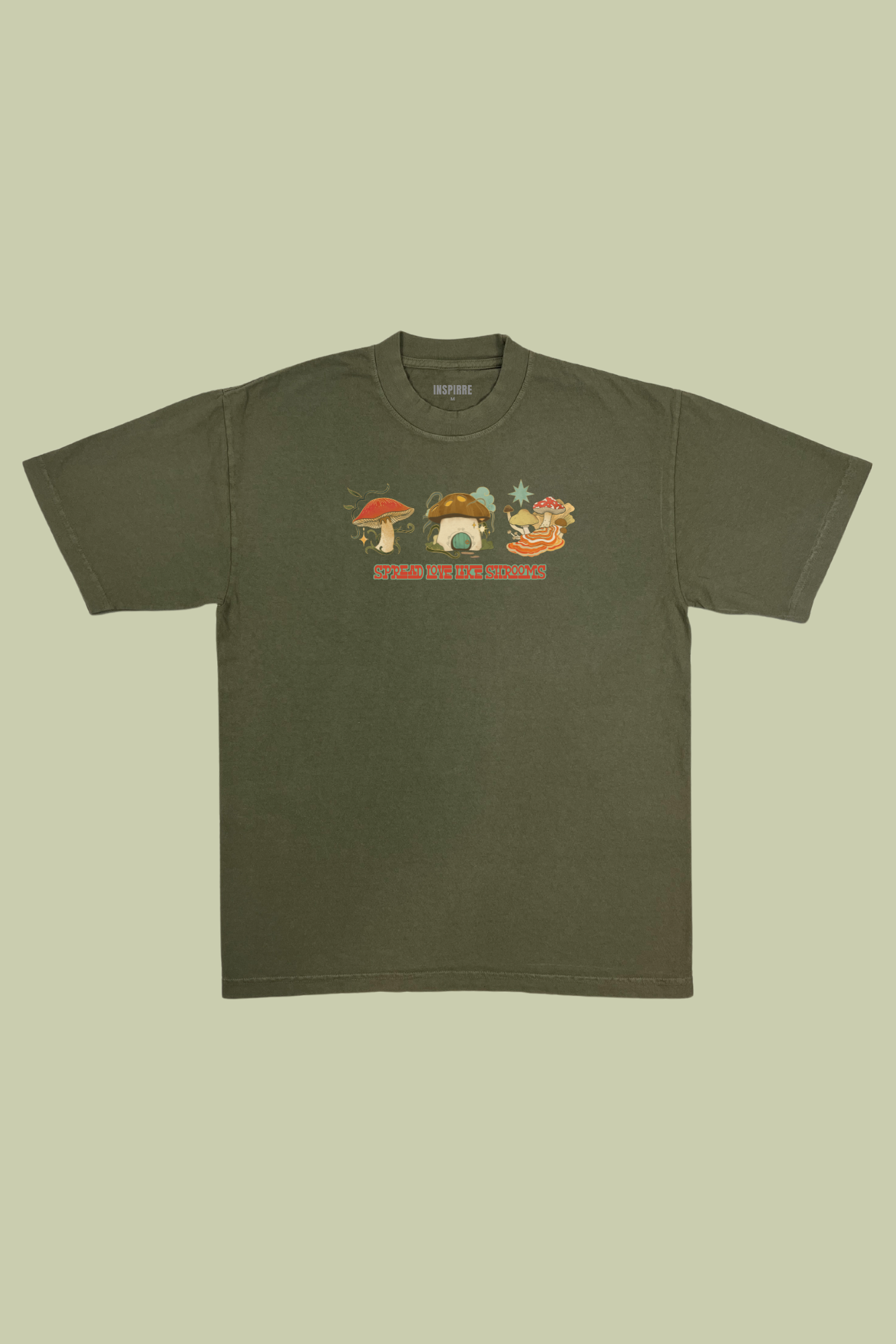 Spread Love Like Shrooms premium graphic tee in army olive green - mushroom and kindness adult shirt