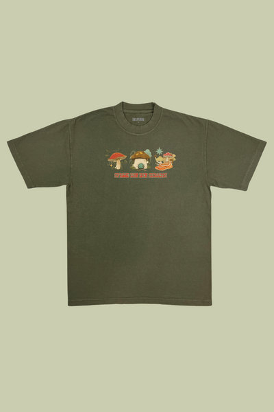 Spread Love Like Shrooms premium graphic tee in army olive green - mushroom and kindness adult shirt