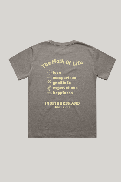 The Math Of Life Youth Tee in Faded Brown - front view showing gratitude formula design