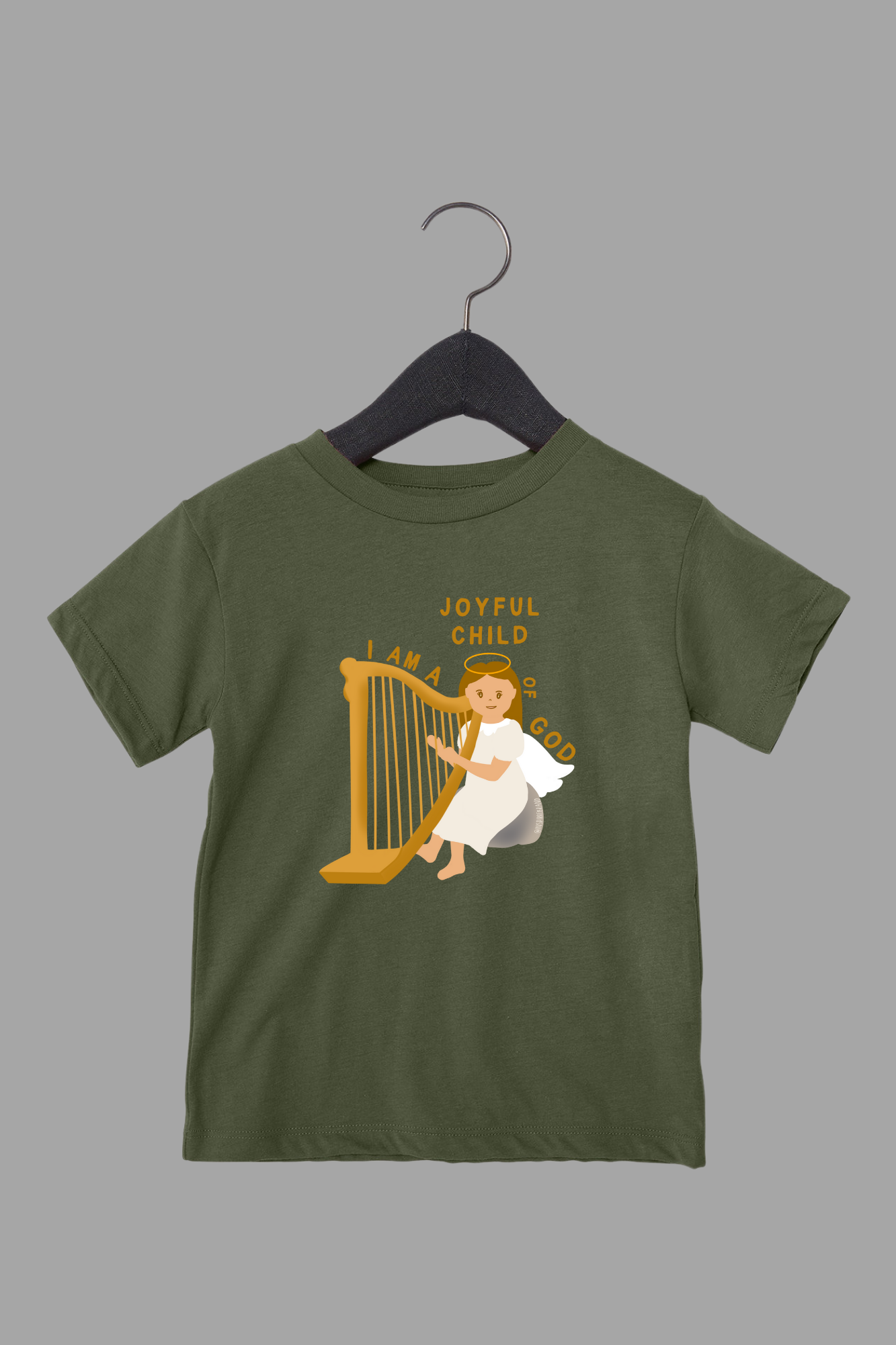 I Am A Joyful Child of God toddler tee in olive green - faith-based graphic shirt for kids