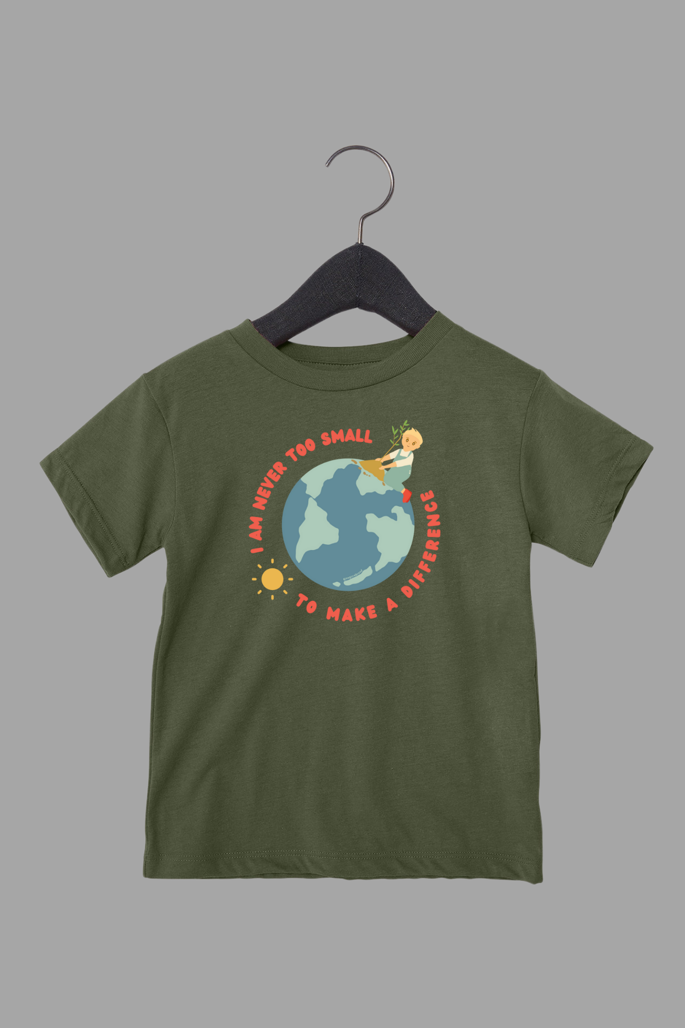 I Am Never Too Small To Make A Difference toddler tee in olive green - empowering graphic shirt for kids