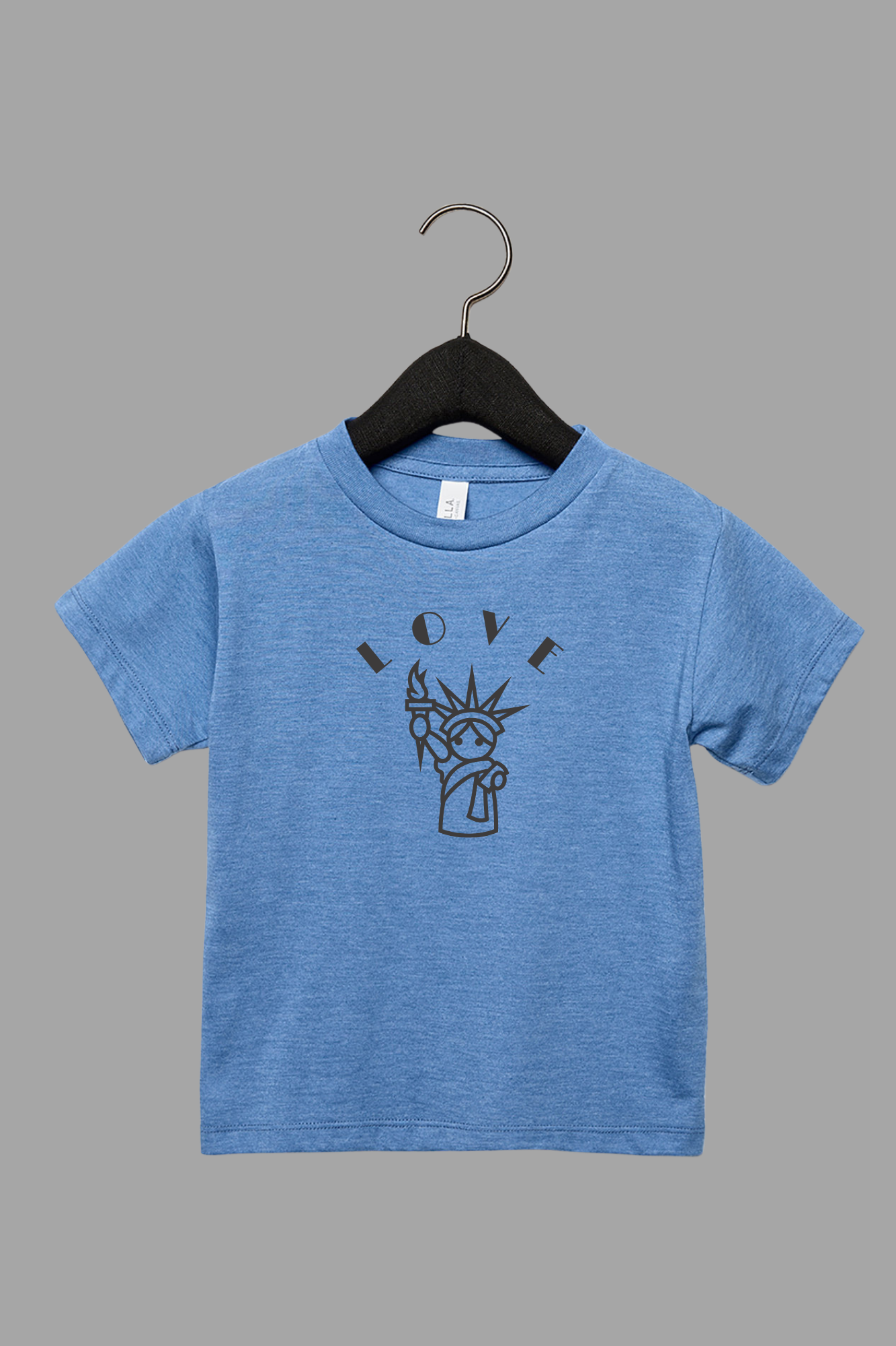 Love is Free Liberty toddler tee in heather blue - patriotic kindness graphic shirt for kids
