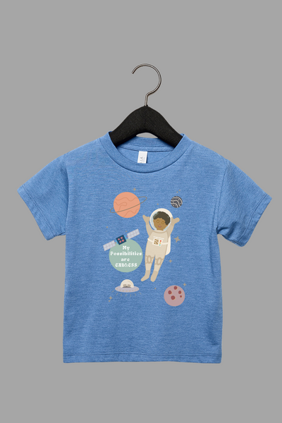 My Possibilities Are Endless toddler tee in blue - inspirational graphic shirt for kids