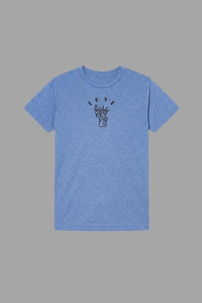 Love is Free Liberty youth tee in blue with Statue of Liberty design - equality and kindness shirt for kids 6-16