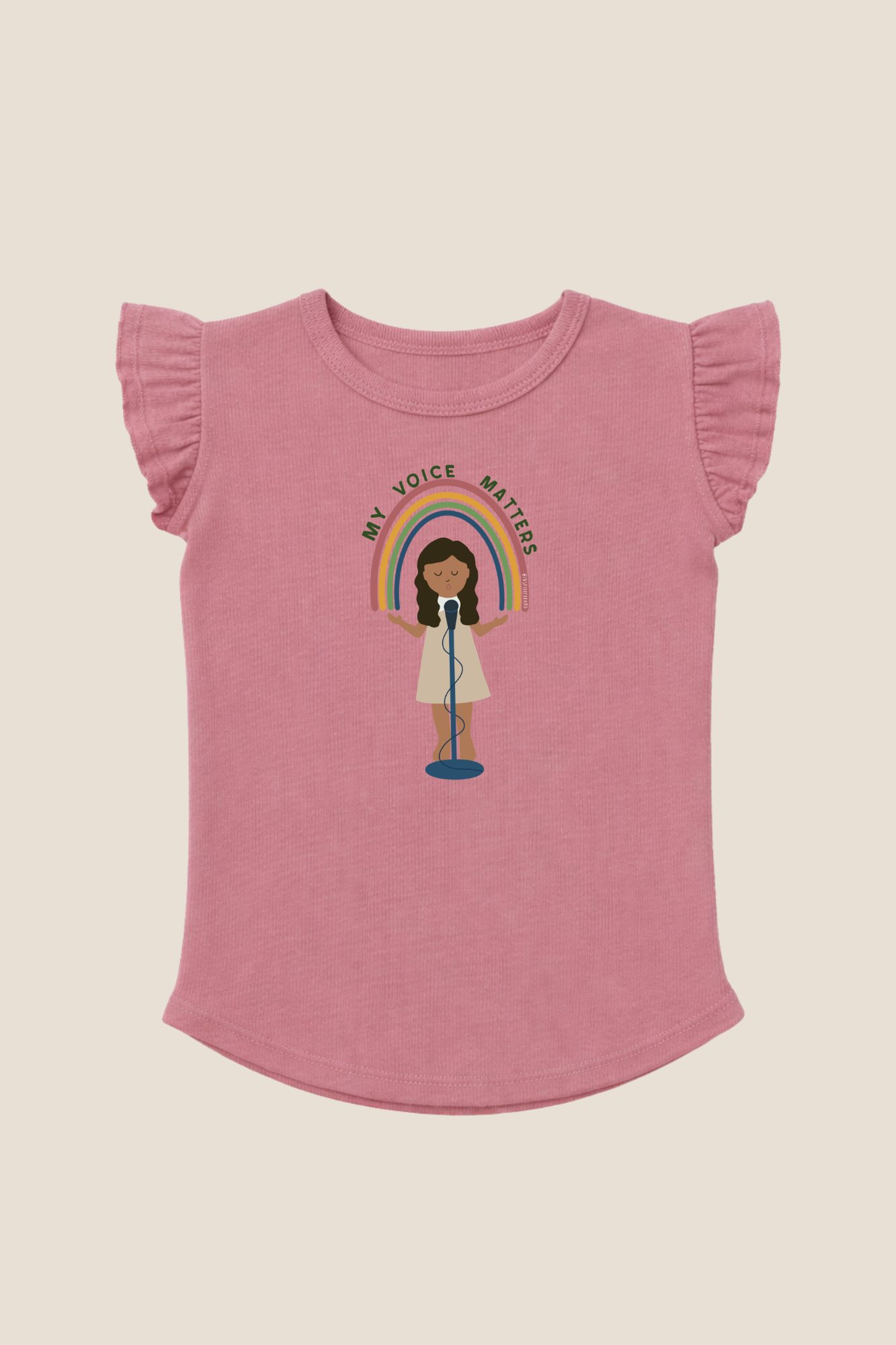 pink mauve toddler shirt with flutter sleeve and rainbow graphic design