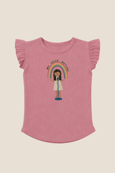 pink mauve toddler shirt with flutter sleeve and rainbow graphic design