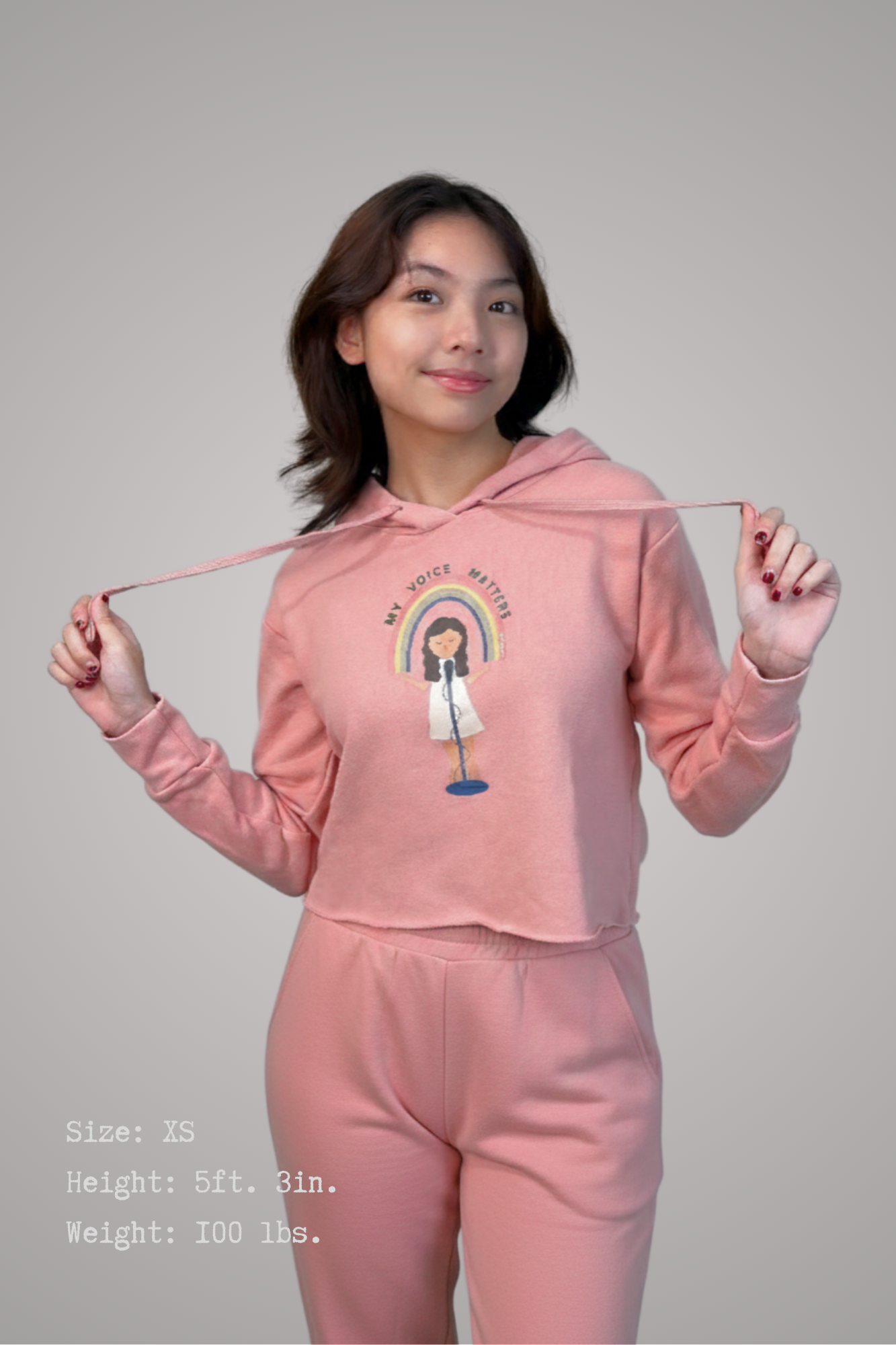 Woman wearing My Voice Matters cropped hoodie - advocacy and empowerment message sweatshirt