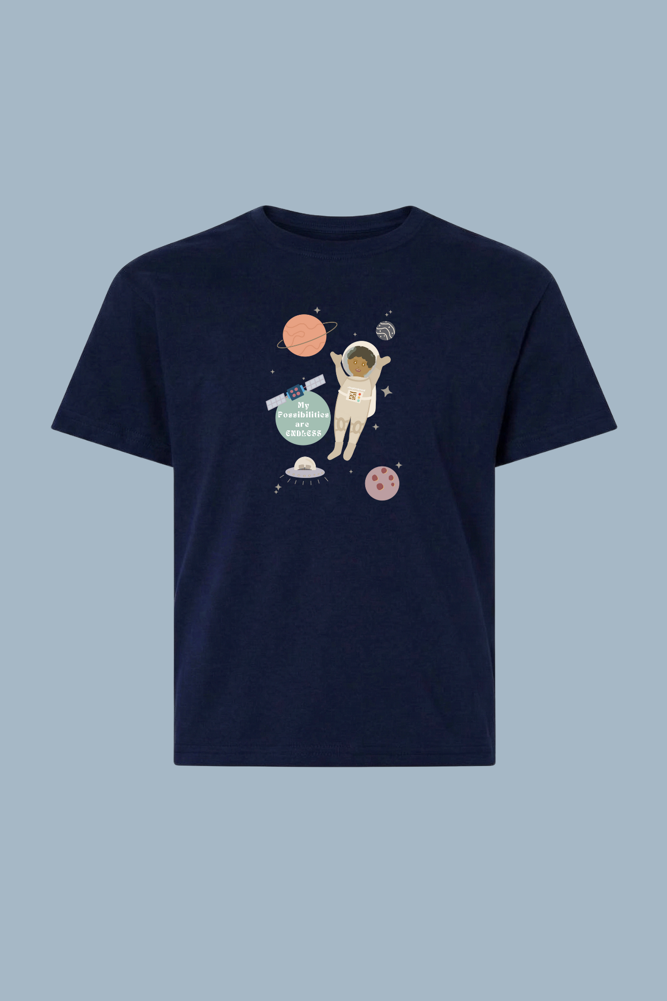 Youth graphic tee with My Possibilities Are Endless message - positive empowerment navy blue shirt for kids and teens