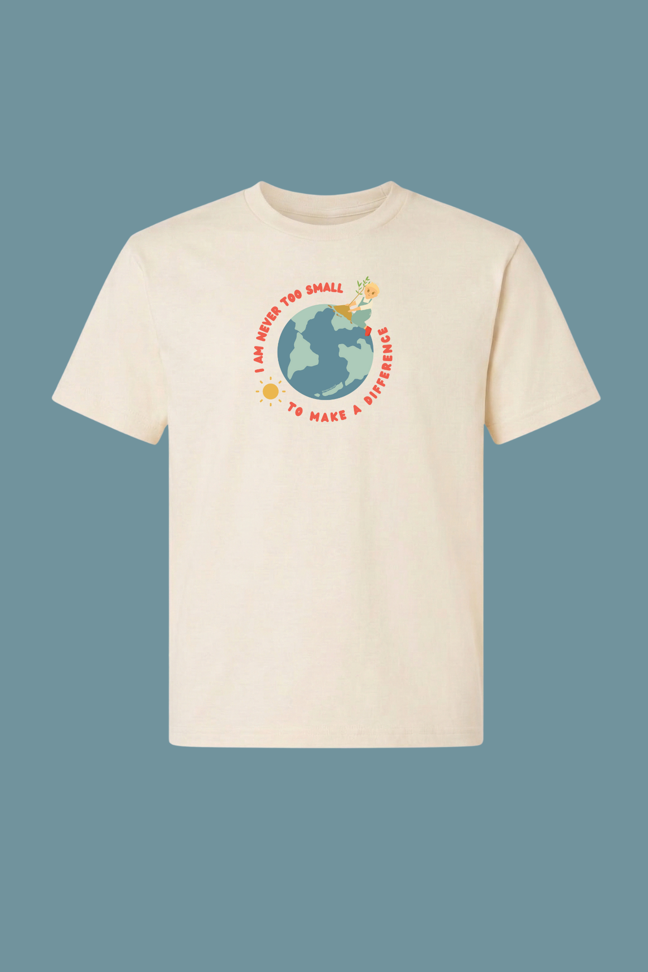 I Am Never Too Small To Make A Difference youth tee in cream or beige shirt - empowerment and kindness message for kids