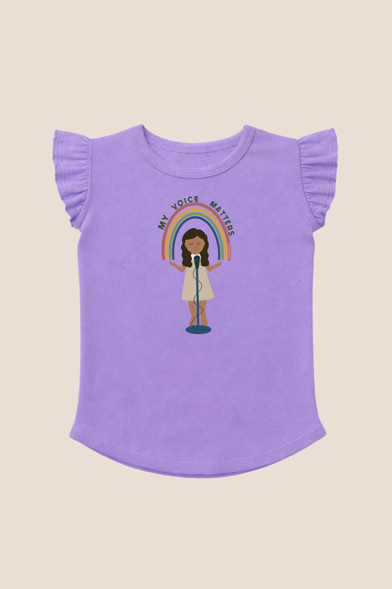 purple toddler shirt with flutter sleeve and rainbow graphic design