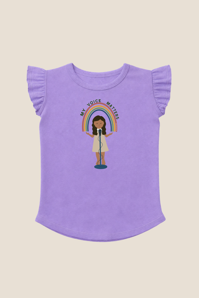 purple toddler shirt with flutter sleeve and rainbow graphic design
