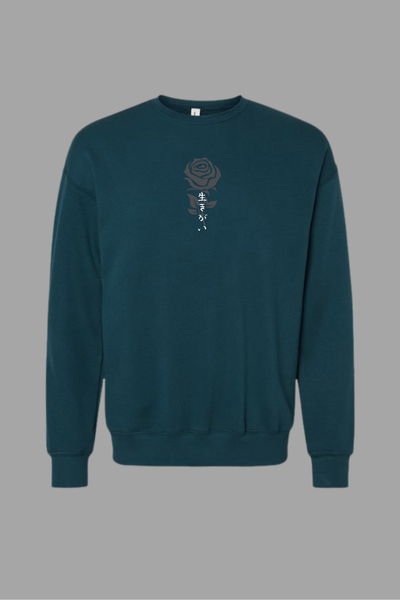 teal sweatshirt with gray rose graphic and japanese text IKIGAI