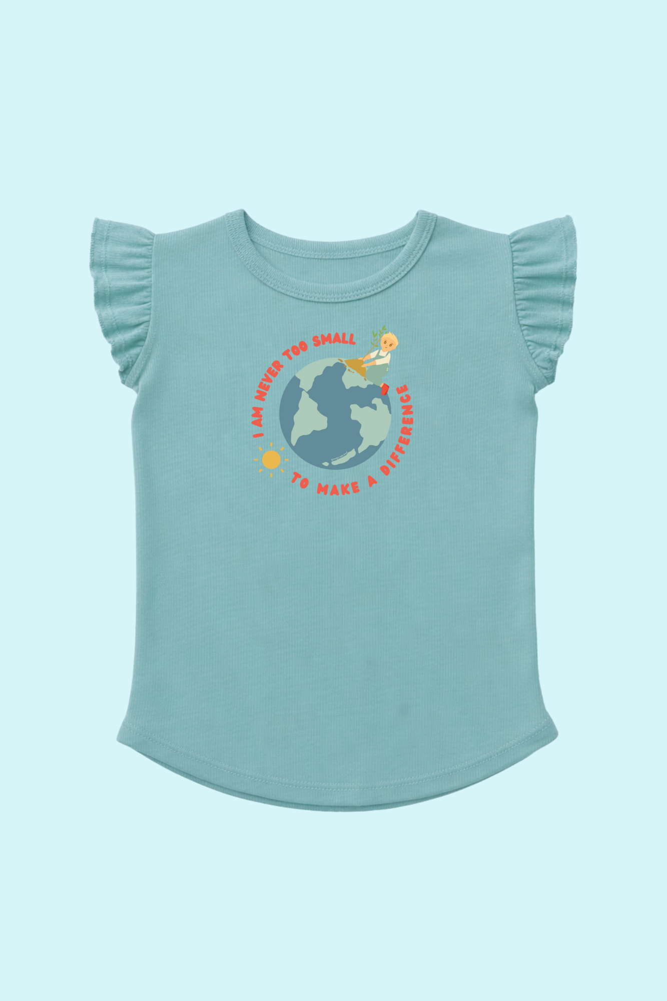 light teal toddler t-shirt with flutter sleeves and a graphic design of earth and sun