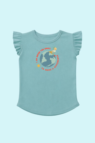 light teal toddler t-shirt with flutter sleeves and a graphic design of earth and sun