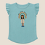teal toddler shirt with flutter sleeve and rainbow graphic design