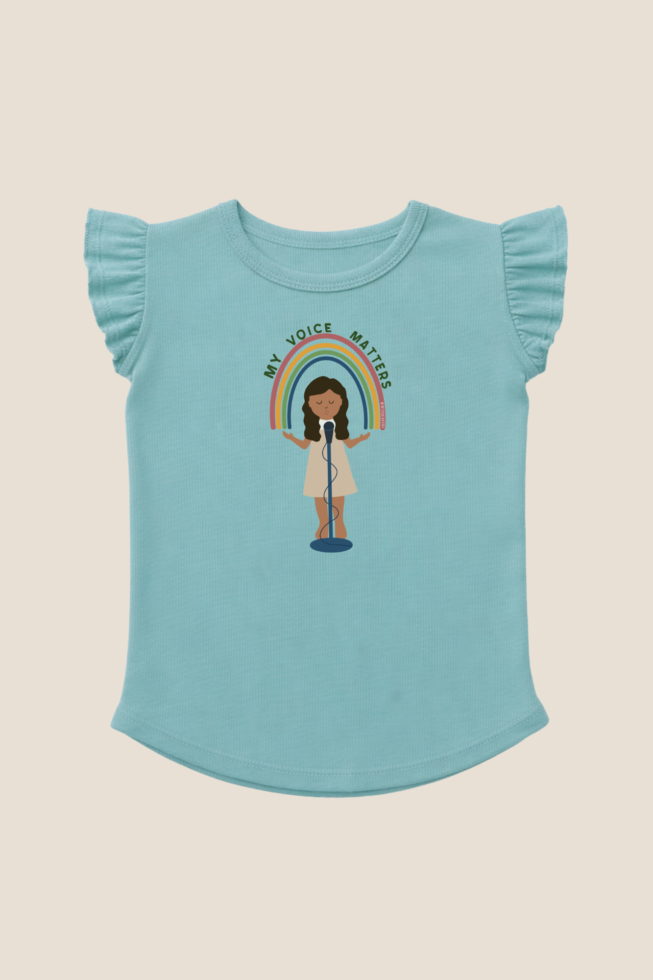 teal toddler shirt with flutter sleeve and rainbow graphic design
