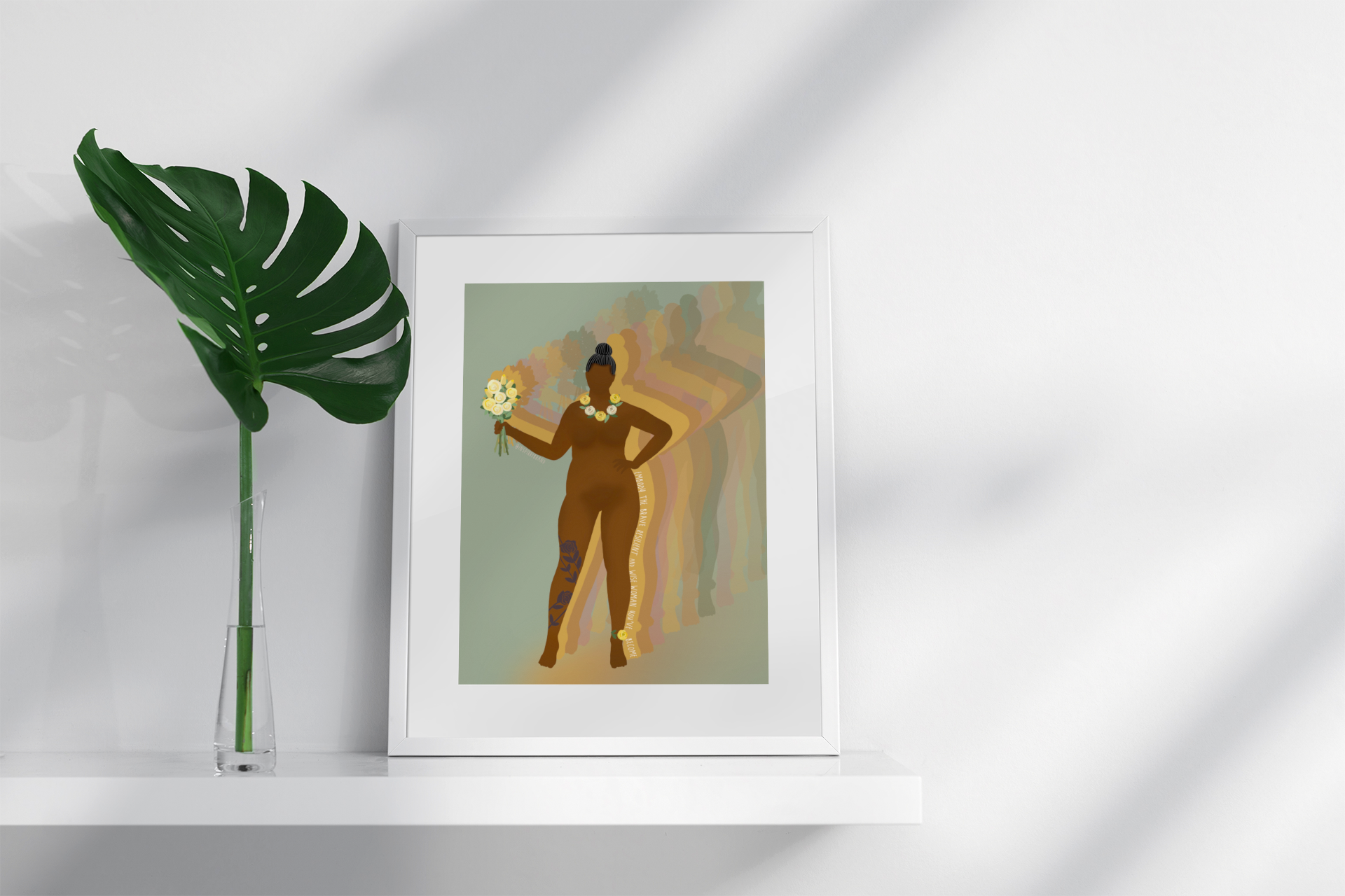 Conquer art print - empowered Black woman holding flowers with rainbow shadows