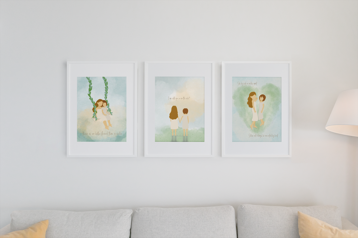 Sister wall art in bedroom or dorm room - connected by heart print for long distance relationships