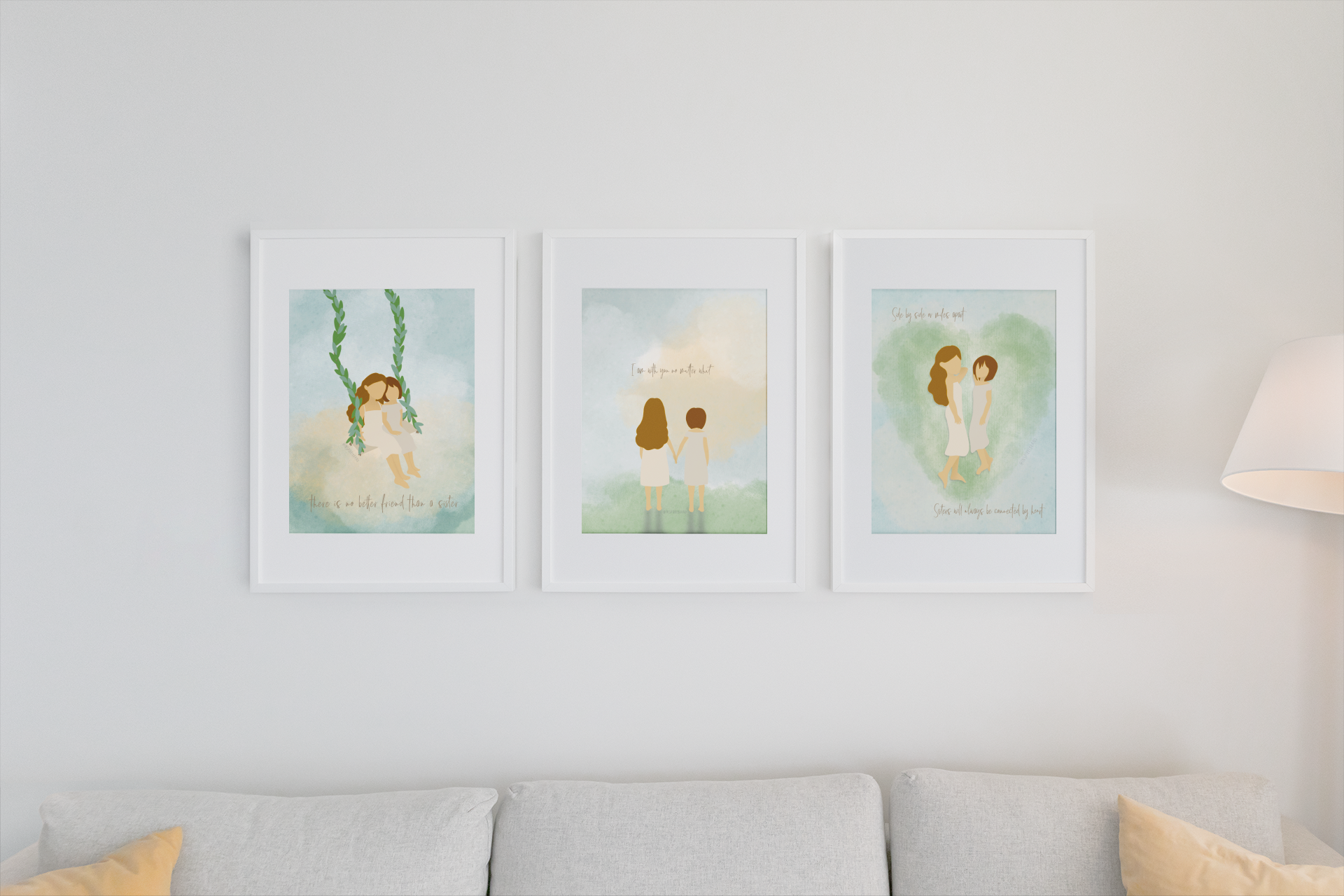 Sister wall art in bedroom or dorm room - connected by heart print for long distance relationships